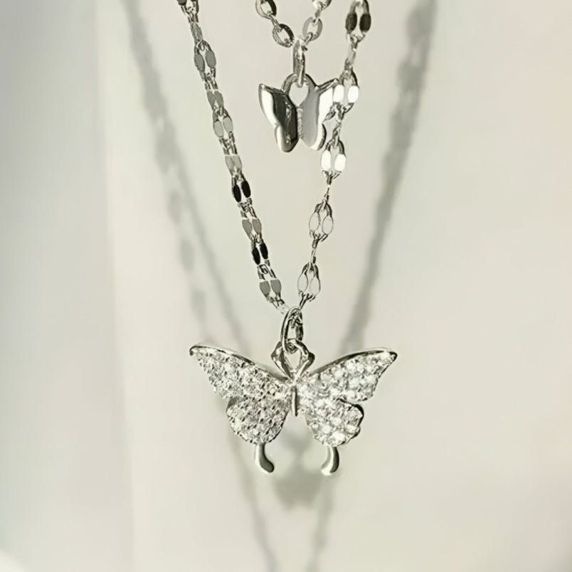 Huitich Double Layered Butterfly Necklace Pendant Silver - Mumzar