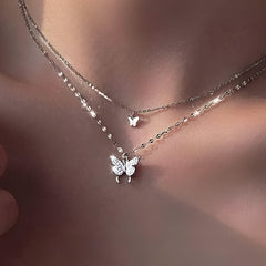 Huitich Double Layered Butterfly Necklace Pendant Silver - Mumzar