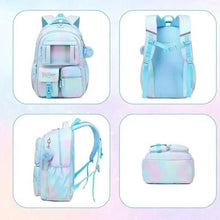 Pastel light blue kids backpack with pink trim and matching front pouch, multiple views