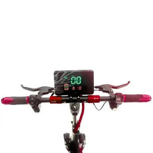 Electric scooter handlebar with digital display, red grips, and front control panel