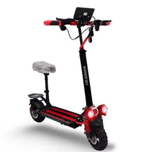 Electric scooter with seat, black frame and red accents, front lights and handlebars