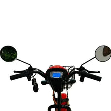 Handlebar view of red electric trike scooter with blue display and front basket.