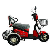 Red three-wheel electric trike scooter with front basket and gray seat cover.