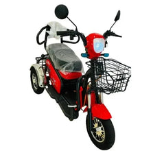 Red electric trike scooter with front basket and covered seat, three-wheeled design.