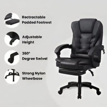 Dark leather ergonomic office chair with padded back and seat, adjustable swivel base