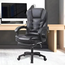 Dark leather ergonomic office chair with curved armrests and swivel base
