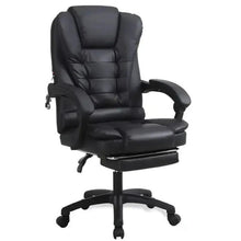 Dark leather ergonomic office chair with padded armrests, swivel base, and footrest