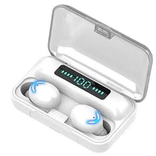 White TWS earbuds in charging case with LED battery display