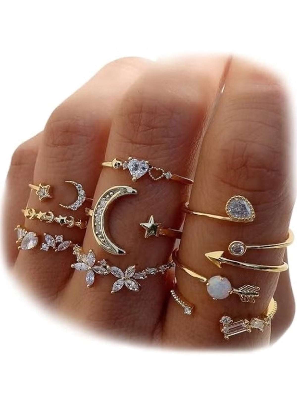 Huitich Gold Crystal Moon Ring Set Elegant Jewelry - Mumzar
