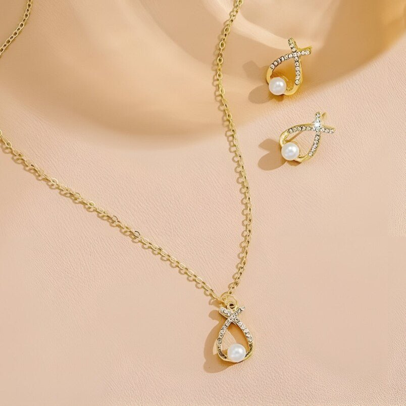 Huitich Gold Crystal Pearl Jewelry Set Elegant Design - Mumzar