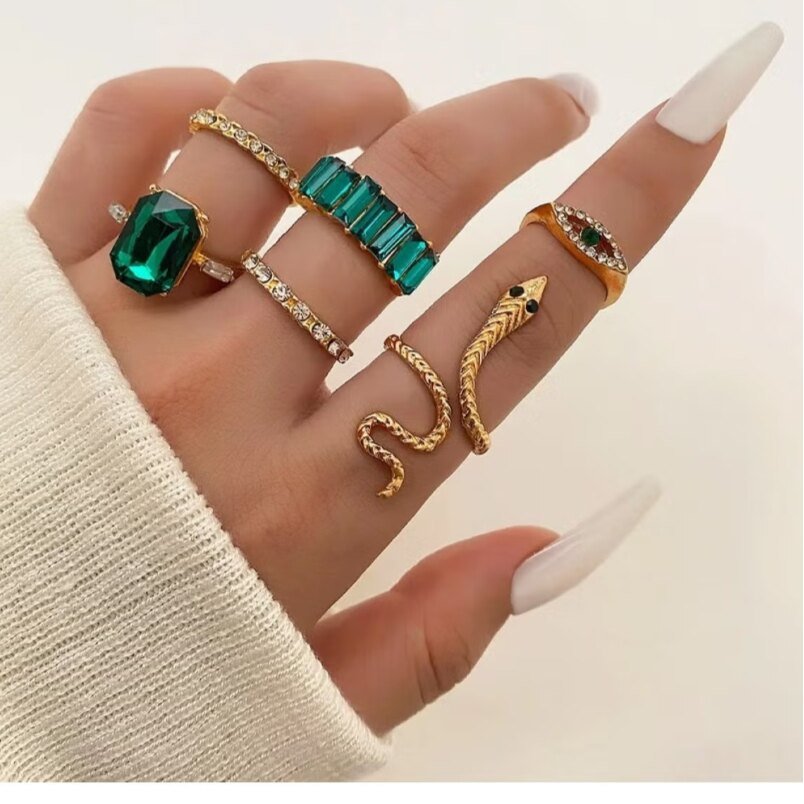 Huitich Gold Plated Crystal Ring Set with Emerald Gems - Mumzar