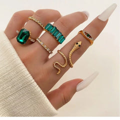 Huitich Gold Plated Crystal Ring Set with Emerald Gems - Mumzar
