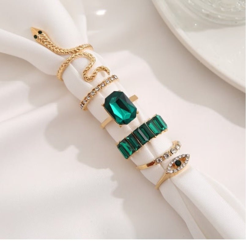 Huitich Gold Plated Crystal Ring Set with Emerald Gems - Mumzar