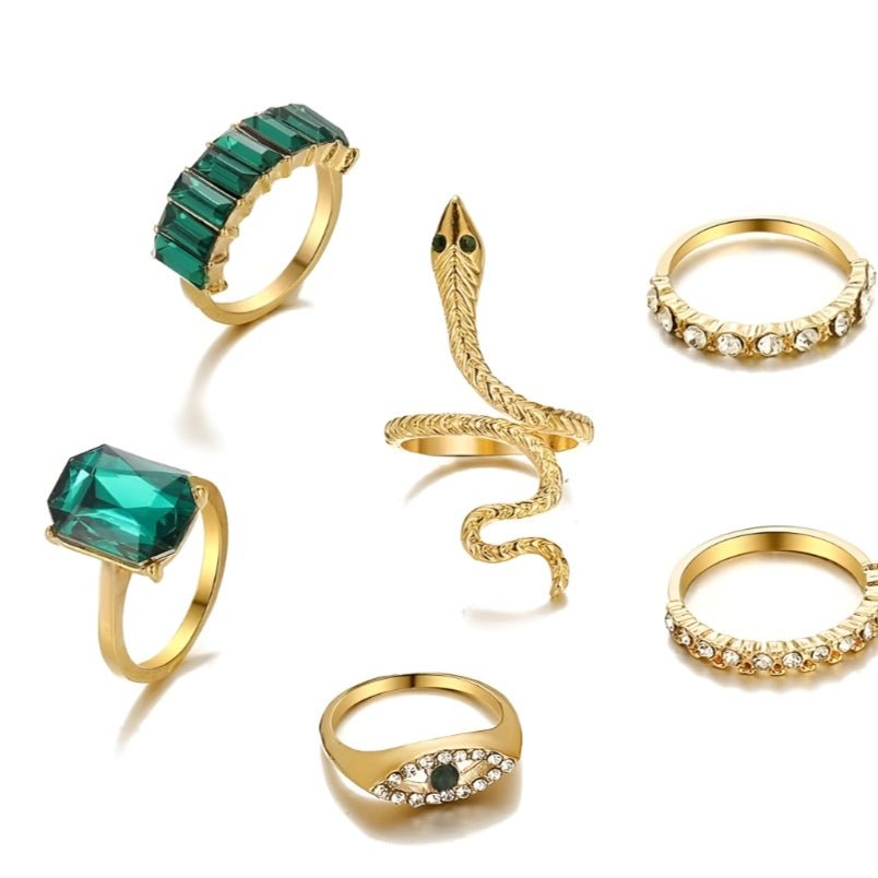 Huitich Gold Plated Crystal Ring Set with Emerald Gems - Mumzar