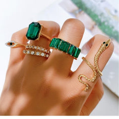 Huitich Gold Plated Crystal Ring Set with Emerald Gems - Mumzar