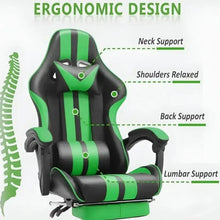 Gaming chair with headrest, black and green striped back and arm support pads