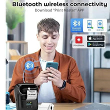 Compact thermal label printer with front screen and buttons, shown near smartphone