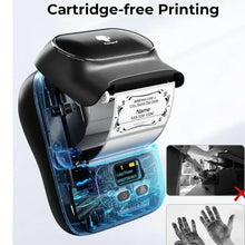Cartridge-free thermal label printer with open print head area and printed label