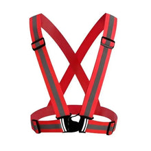 Red high-visibility reflective safety belt with X-back straps and black buckle