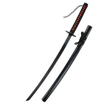 Kids toy katana sword with black scabbard and red-trim handle, chain attached
