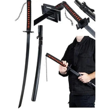 Kids toy katana with scabbard and chain; black-and-red handle, held by a child