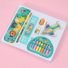 Kids animal stationery set in clear tray with pencils, ruler, stamp, green bead abacus