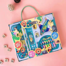 Kids animal stationery set, open blue case with colored pencils, ruler, stamp, bead abacus