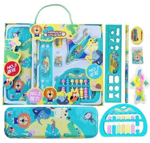 Kids animal stationery set in blue carrying case with pencils, ruler, stamp, bead abacus