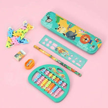 Kids animal stationery set accessories with green bead abacus, pencils, ruler, small items