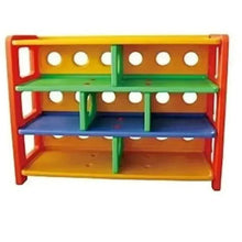 Kids book and toy organizer shelf with red frame, green supports, and three colorful shelves