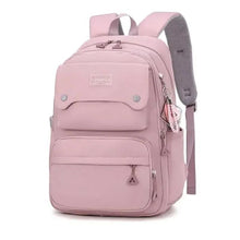 Light purple kids school backpack with front flap pocket, zip compartments, and top handle