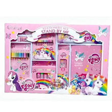 Kids stationery set box with colored pencils, markers, and pony-themed cards, pink