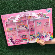 Pony-themed kids stationery set in pink retail box with crayons, pens, and cards