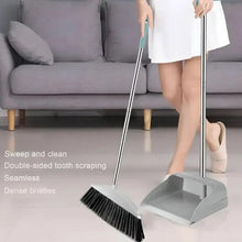 Long-handled broom and dustpan set, gray dustpan with bristle sweep head.
