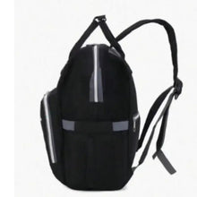 Black diaper backpack with top handle, shoulder strap, and front panel pocket