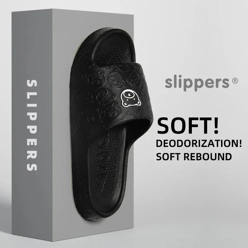 Women’s non-slip slippers, black textured open-toe slip-ons with soft sole
