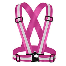 Pink high-visibility safety belt with reflective shoulder straps and snap buckle