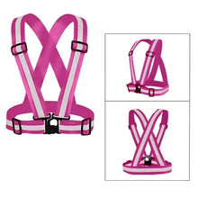Pink reflective safety belt, front and back views on one layout with buckles