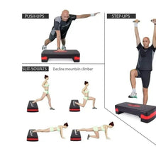 Portable aerobic step platform shown in training workouts, black base with red accents