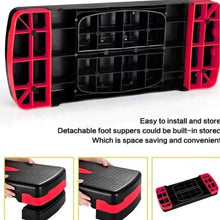 Portable step platform underside with detachable foot supports, black body and red frame