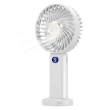 White portable handheld fan with front grille and blue speed display, standing base