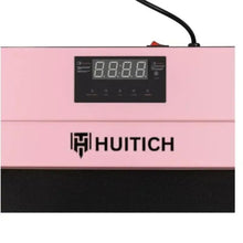 Pink treadmill front with digital display and HUItich logo on the console panel.
