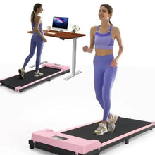 Pink compact treadmill with black running belt, side rails, and console.