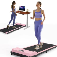 Huitich portable pink treadmill with a slim design used by a woman in purple workout clothes walking and jogging