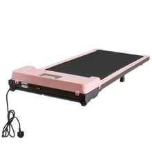 Pink folding treadmill base with black running belt and connected power cord.