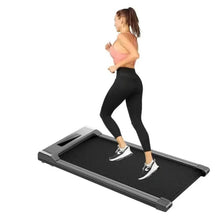 Portable walking treadmill with black running belt and dark frame