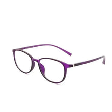 Purple and dark frame blue light blocking eyeglasses with oval lenses