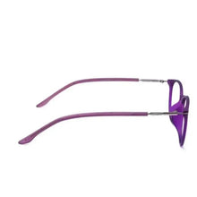 Blue light blocking eyeglasses with purple temple arms and oval lenses, side view