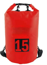 Red 15L PVC dry bag with roll-top and black shoulder straps