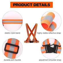 Elastic orange reflective safety belt with gray bands and durable pom buckle detail